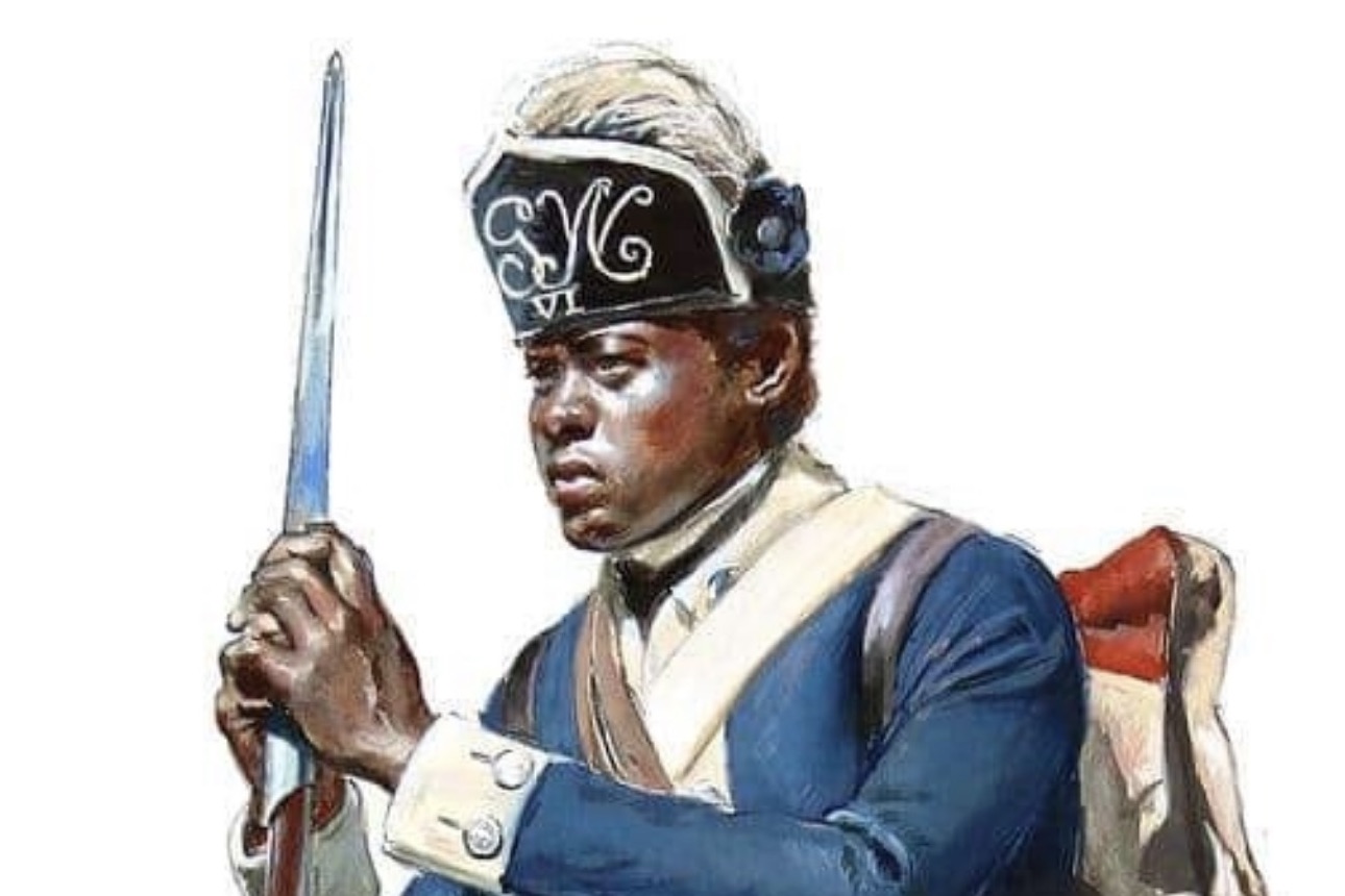 This is a modern painting of a black soldier of the light infantry of the Sixth Connecticut Continental Infantry, wearing the distinctive light infantry leather cap. While not a portrait of Jeffrey Brace — a light infantryman in the regiment — it is probably as close as we can come.