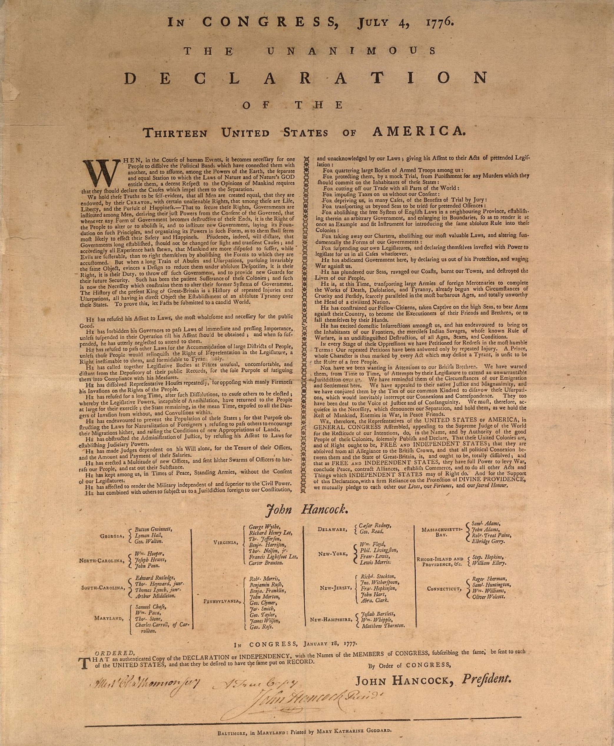 This is a printed broadside of the Declaration of Independence, published in 1777 by Mary Katherine Goddard of Baltimore. It is the first printed text to include the names of the signers.