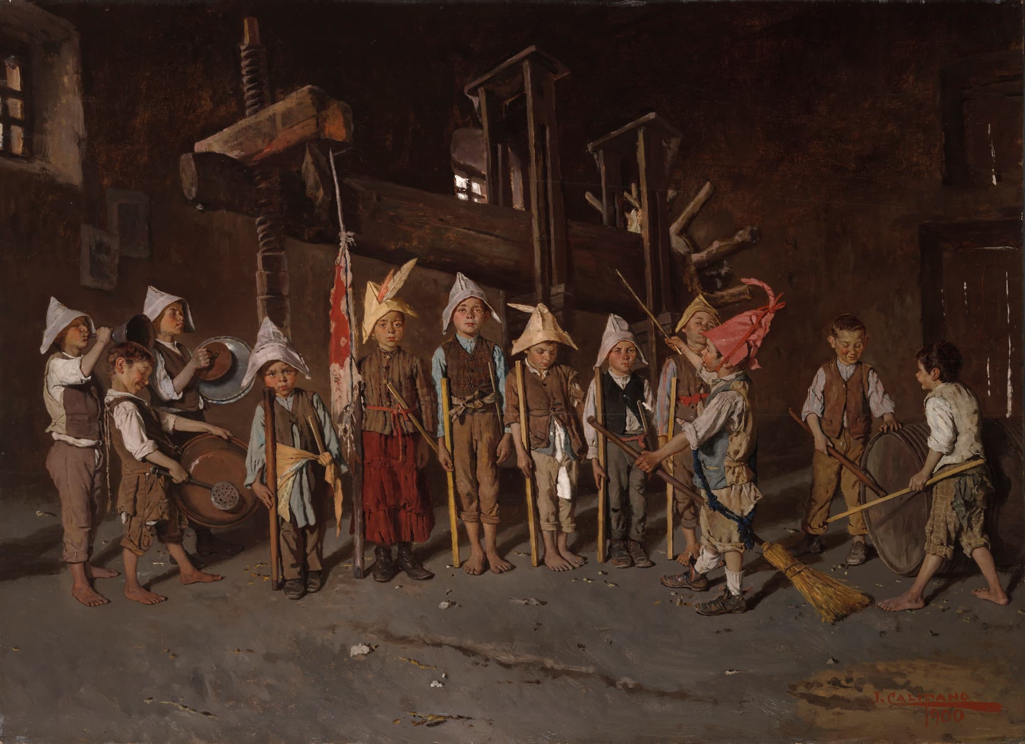 A painting of a group of children playing like Revolutionary War soldiers in a barn