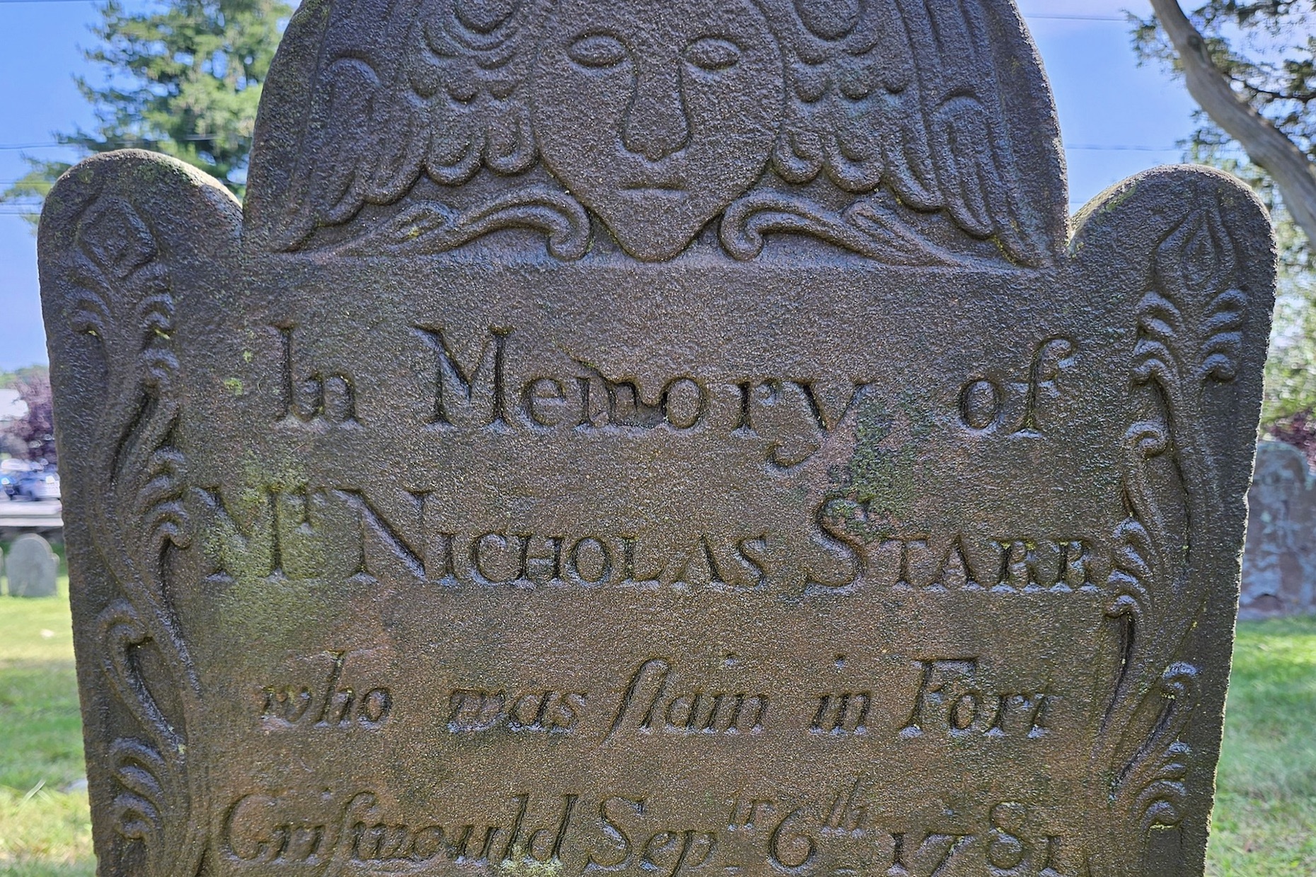 The gravestone of Nicholas Starr is one of many memorializing the victims of the Fort Griswold massacre.