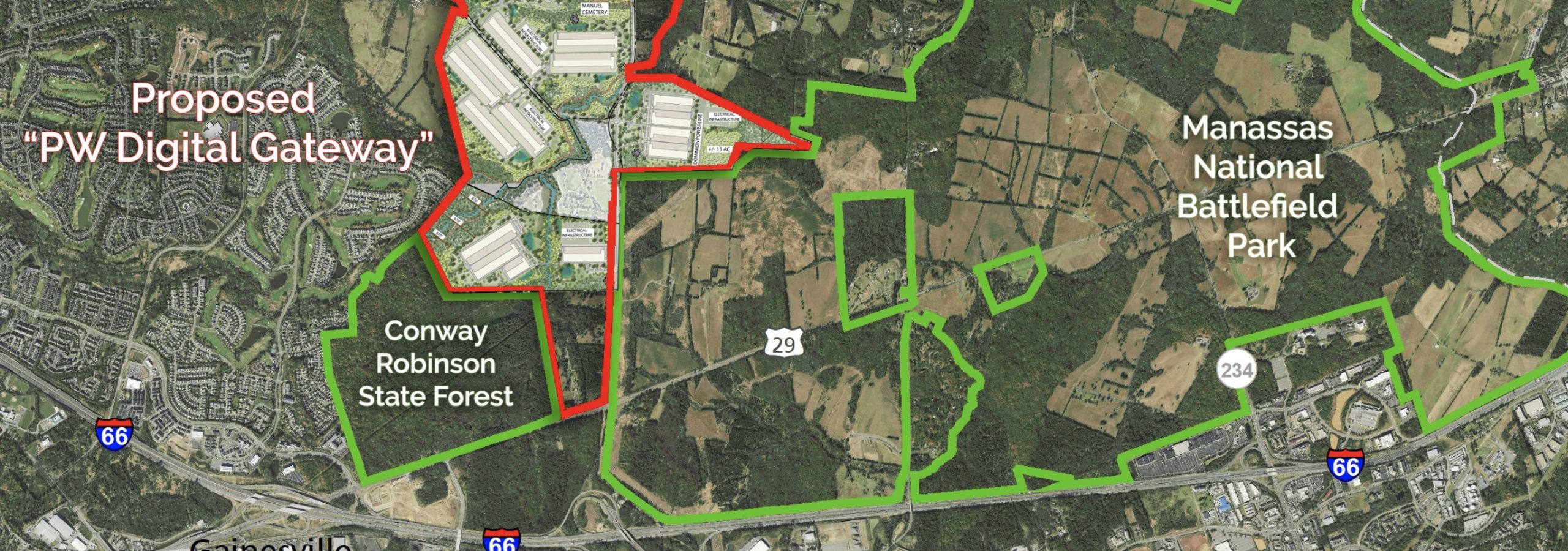This is a map showing the location of the data center development in relation to houses on the west, a state forest on the southwest, and Manassas National Battlefield Park on the east and south.